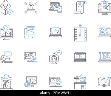 Flusso di lavoro e carriera delineare la raccolta di icone. carriera, flusso di lavoro, posti di lavoro, competenze, successo, progressione, vettore pathways e set di concetti di illustrazione Illustrazione Vettoriale