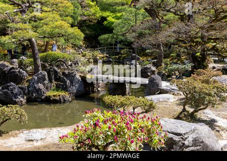 Il 2023 aprile, Kyoto Giappone, il quartiere dei templi di Ginkaku-Ji e i suoi giardini in un giorno di sole primaverile, include un giardino di sabbia asciutta e terreni coperti di muschio, Giappone Foto Stock