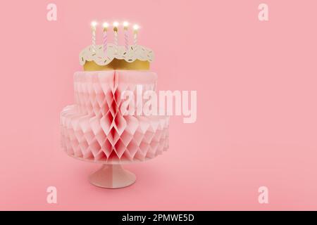 Banner torta di compleanno con candele. Isolato su sfondo rosa pastello Foto Stock