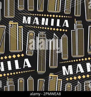 Vector Manila Seamless Pattern, sfondo quadrato ripetuto con illustrazione del famoso paesaggio cittadino di manila su sfondo scuro per carta da imballaggio, arredamento Illustrazione Vettoriale