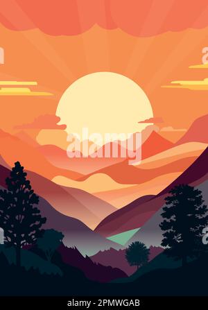 Tramonto tra colline e montagne, valli e luci, forme e sagome di un paesaggio collinare. Vettore Illustrazione Vettoriale