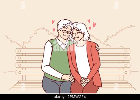 La coppia anziana innamorata si siede sul panca del parco abbracciando e godendo di una felice vita familiare. Rapporto tra l'uomo anziano e la donna innamorati seduti abbracciando e divertendosi dalla pensione. Illustrazione Vettoriale