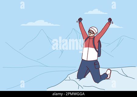 Ispirato viaggiatore uomo in piedi in cima alla montagna gioire di successo arrampicata Everest picco o nuovo record mondiale. Maschio turista alza le mani come segno di vittoria dopo la salita su duro per raggiungere il posto Illustrazione Vettoriale