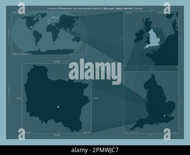 Basildon, distretto non metropolitano dell'Inghilterra - Gran Bretagna. Diagramma che mostra la posizione della regione su mappe in scala più grande. Composizione del vettore Foto Stock