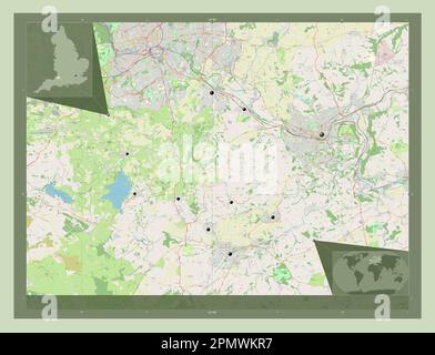 Bath e North East Somerset, autorità unitaria dell'Inghilterra - Gran Bretagna. Aprire la mappa stradale. Posizioni delle principali città della regione. Angolo ausiliario Foto Stock