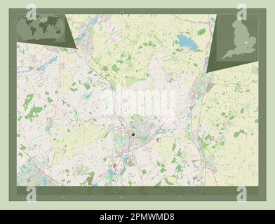 Bedford, contea amministrativa dell'Inghilterra - Gran Bretagna. Aprire la mappa stradale. Mappe delle posizioni ausiliarie degli angoli Foto Stock