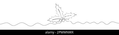 Pianta di Natale in stile disegno a linea continua. Linea arte di foglie agrifoglio con bacche. Illustrazione vettoriale. Sfondo astratto Illustrazione Vettoriale