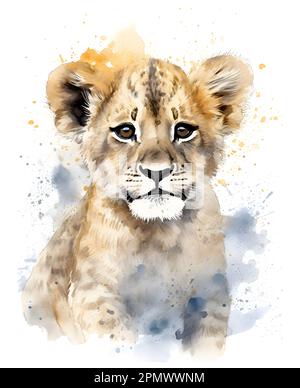 Carino leone cucciolo di illustrazione acquerello. Poster per bambini con animali divertenti e felici. Foto Stock