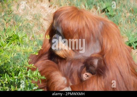 Pittura digitale di una madre di Orangutan che tiene il suo bambino in braccio. Foto Stock