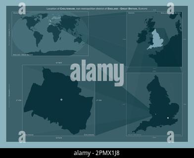 Cheltenham, distretto non metropolitano dell'Inghilterra - Gran Bretagna. Diagramma che mostra la posizione della regione su mappe in scala più grande. Composizione del Vect Foto Stock