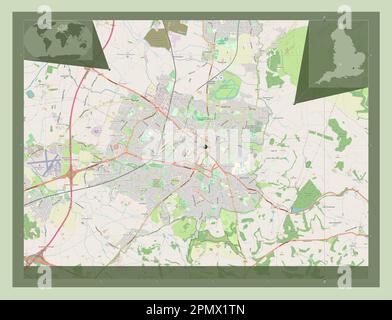 Cheltenham, distretto non metropolitano dell'Inghilterra - Gran Bretagna. Aprire la mappa stradale. Mappe delle posizioni ausiliarie degli angoli Foto Stock