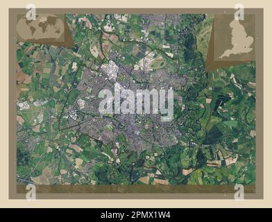 Cheltenham, distretto non metropolitano dell'Inghilterra - Gran Bretagna. Mappa satellitare ad alta risoluzione. Mappe delle posizioni ausiliarie degli angoli Foto Stock