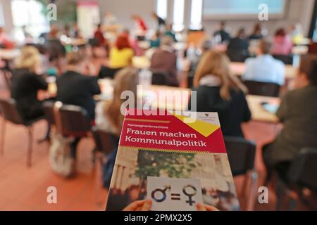 Magdeburgo, Germania. 15th Apr, 2023. Voto alla riunione dei delegati del Landesfrauenrat Sachsen-Anhalt e.V. (Consiglio delle donne di Stato della Sassonia-Anhalt) nella capitale dello stato per la nuova presidente di stato. Credit: Peter Gercke/dpa-Zentralbild/dpa/Alamy Live News Foto Stock