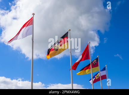 Diverse bandiere di stati federali tedeschi che sventolano nel vento contro un cielo soleggiato Foto Stock