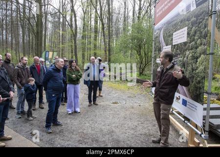 Halle, Belgio. 15th Apr, 2023. L'immagine mostra gli Hallerbos di Halle, rinomati per le sue bluebells, sabato 15 aprile 2023. FOTO DI BELGA NICOLAS MAETERLINCK Credit: Belga News Agency/Alamy Live News Foto Stock