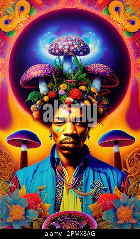 Jimi Hendrix Magic Mushrooms Abstract Art Foto Stock