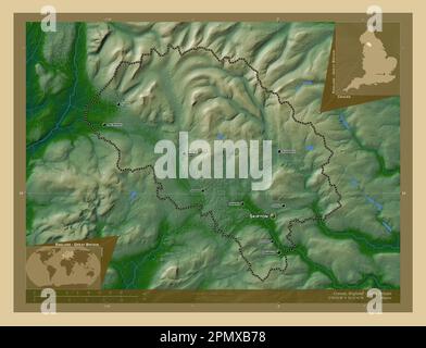 Craven, distretto non metropolitano dell'Inghilterra - Gran Bretagna. Mappa di altitudine colorata con laghi e fiumi. Località e nomi delle principali città del Foto Stock