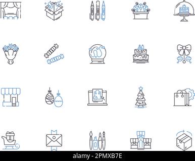 Regali contorno icone collezione. Presente, compleanno, souvenir, ricordo, offerta, Set di concetti token, vettore a sorpresa e illustrazione. Trinket, Goody Illustrazione Vettoriale