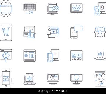 GADJETS e computer delineano la collezione di icone. Gadget, computer, tecnologia, elettronica, hardware, Notebook, desktop vettoriali e illustrazioni Illustrazione Vettoriale