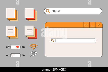 Retro vaporwave vecchio computer ui elementi, 90s, nostalgico pc icone, pulsante con cuore, pannel di ricerca. Groovy 80s finestra estetica Illustrazione Vettoriale