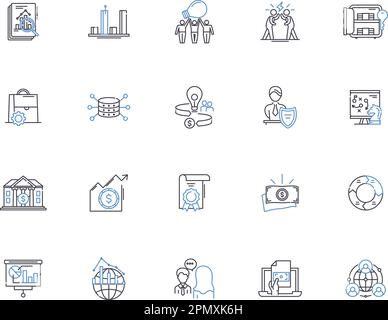 Raccolta di icone di contorno della banca. Prestito, risparmio, ipoteca, investimento, ATM, Credit, vettore bancario e set di concetti di illustrazione. Interessi, conto, debito Illustrazione Vettoriale