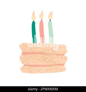 Illustrazione disegnata a mano di torta con candele di compleanno verde arancio menta su sfondo bianco. Festa decorazione celebrazione, carta da imballaggio per regali regali regali, pastello divertente sfondo felice in stile moderno schizzo, saluti bday Foto Stock