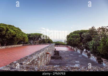 alberi e imboscato sul lato di un vecchio muro di pietra rovine e pavimento piastrellato rosso Foto Stock