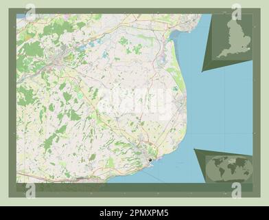 Dover, distretto non metropolitano dell'Inghilterra - Gran Bretagna. Aprire la mappa stradale. Mappe delle posizioni ausiliarie degli angoli Foto Stock