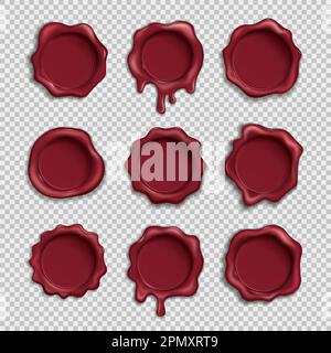Timbro di cera per guarnizioni. Set realistico di cartoline rotonde, lettera di certificazione per carta da ufficio premium, emblema per diplomi, documenti riservati, sigilli coibentati, 3D elementi isolati. Badge grafico vettoriale Illustrazione Vettoriale