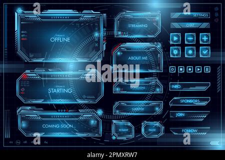 Interfaccia di gioco. Frame di streaming. Tecnologia digitale. Overlay gamer tag per la contrazione. Set di elementi futuristici dell'interfaccia utente HUD. RAG Border o bar futuristico. Pulsanti blu luminosi. Modelli del pannello ologramma vettoriale Illustrazione Vettoriale