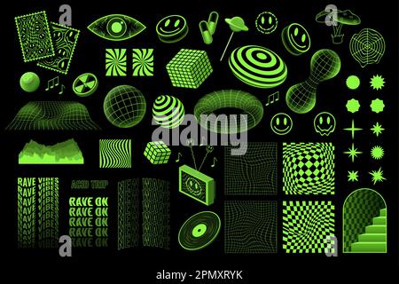 Forme retro-acide, adesivi trippy. Griglia geometrica neon per streetwear, globo melt psichedelico, 3D elementi di rave fresco. Elementi isolati in stile Y2K. Design astratto vettoriale techno decoro geometrico alla moda Illustrazione Vettoriale