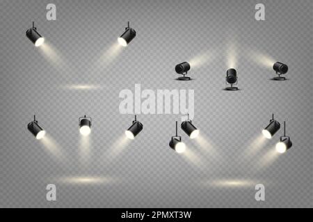 Set di faretti, luce da palco e da studio, lampade da appendere e da piedi realistiche. Luci spot e proiettori per concerti, proiettori a raggi luminosi, collezione trasparente, design vettoriale a 3D elementi isolati Illustrazione Vettoriale
