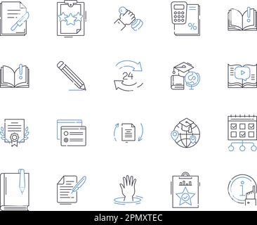 Gli strumenti didattici delineano la raccolta di icone. Scuola, insegnante, imparare, libri, classe, Matite, vettore iPad e set di concetti di illustrazione. Computer Illustrazione Vettoriale