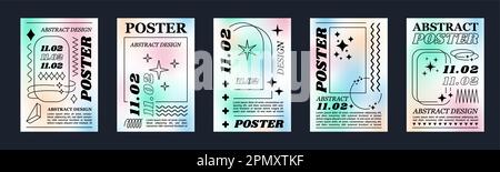Y2K poster grafici. Elementi astratti della forma. Figure alla moda e sfumature di colori. Volantini estetici retrò e moderno. Silhouette e linee stelle minimal. Set di striscioni olografici. Disegno astratto vettoriale Illustrazione Vettoriale
