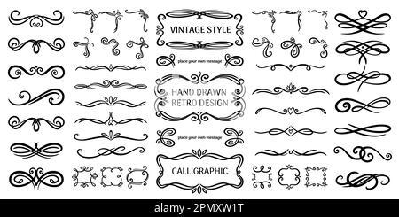 Ornamenti fioriti. Collezione di cornici vintage line, eleganti elementi retrò per la decorazione di carte e poster, accento filigrana forme classiche per la decorazione di matrimoni. Angoli di disegno vettoriale impostati Illustrazione Vettoriale