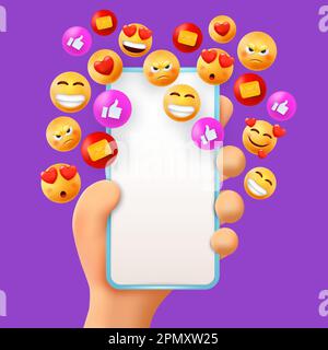 smartphone con 3d impugnature con emoticon sorridenti. Mi piace per il profilo dei social media, i messaggi online di rete, il gruppo di socializzazione, le emoticon per i webmedia. Simboli dell'umore. Icone sullo schermo. Oggetti mobili vettoriali Illustrazione Vettoriale