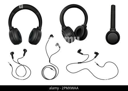 Cuffie realistiche, auricolari con angolazioni diverse. Cuffie per cellulari nere, altoparlanti per musica o auricolari, auricolari portatili, accessori musicali piccoli gadget per la testa. 3d elementi isolati. Set vettoriale Illustrazione Vettoriale