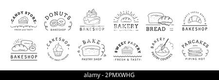 Logotipo di pasta dolce disegnata a mano. Prodotti alimentari fatti in casa, cucina da forno, torte eleganti. Semplice contorno pasticceria al forno collezione logo. Negozio di dolci e ciambelle, negozio di caramelle e pancake. Icone grafiche vettoriali Illustrazione Vettoriale