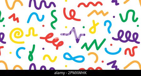 90s scovoli in stile kid, motivo muster. Divertenti arti colorate, design per feste con confetti, forme alla moda. Disegni moderni e divertenti, simpatico disegno di carta da parati infantile. Sfondo vettoriale senza giunture Illustrazione Vettoriale