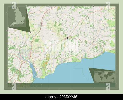 East Devon, distretto non metropolitano dell'Inghilterra - Gran Bretagna. Aprire la mappa stradale. Mappe delle posizioni ausiliarie degli angoli Foto Stock