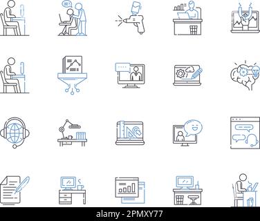 Seminario aziendale delineare la collezione di icone. azienda, seminario, formazione, sviluppo, leadership, gestione, vettore strategico e concetto di illustrazione Illustrazione Vettoriale