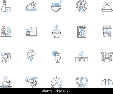 Cucina contorno icone collezione. Cottura, bollitura, frittura, tostatura, sauteing, Set di concetti per la cottura a fusione, la cottura alla griglia e l'illustrazione. Griglia Illustrazione Vettoriale