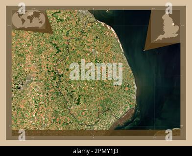 East Lindsey, distretto non metropolitano dell'Inghilterra - Gran Bretagna. Mappa satellitare a bassa risoluzione. Mappe delle posizioni ausiliarie degli angoli Foto Stock