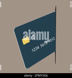 Una carta di credito generica vuota con area di testo è vista incastrata in una linea di sezione in una parete grunge. Questa è un'illustrazione 3-d. Foto Stock