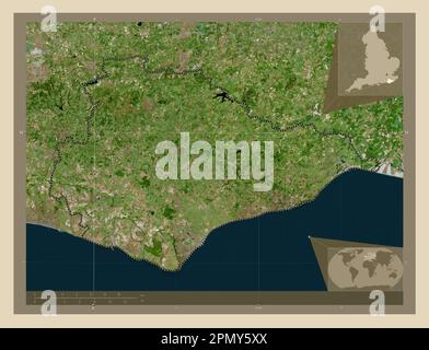 East Sussex, contea amministrativa dell'Inghilterra - Gran Bretagna. Mappa satellitare ad alta risoluzione. Mappe delle posizioni ausiliarie degli angoli Foto Stock