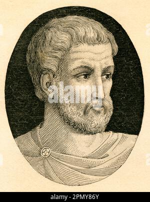 Europa, Griechenland, Pythagoras von Samos, griechischer Philosoph, Kupferstich aus Strahlheim, um 1840. / Europa, Grecia, Pitagora di Samo, filosofo greco, incisione in copperplate da Strahlheim, circa 1840 . Foto Stock