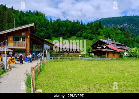 Oberstdorf, Baviera, Germania - 10 giugno 2022: Numerosi visitatori e turisti si sono recati a piedi attraverso la gola di Breitachklamm. Foto Stock