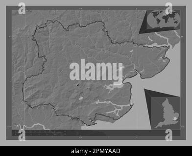 Essex, contea amministrativa dell'Inghilterra - Gran Bretagna. Mappa altimetrica bilivello con laghi e fiumi. Mappe delle posizioni ausiliarie degli angoli Foto Stock