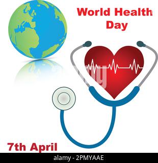 Cuore con stetoscopio e il mondo globo e il testo giornata mondiale della salute Illustrazione Vettoriale