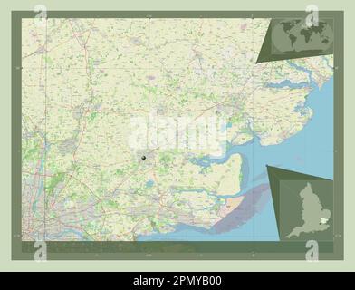 Essex, contea amministrativa dell'Inghilterra - Gran Bretagna. Aprire la mappa stradale. Mappe delle posizioni ausiliarie degli angoli Foto Stock